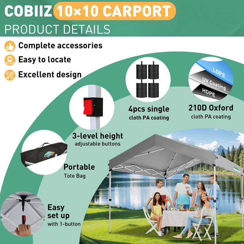10x10 Carport 10x10 Pop up Canopy with 1 sidewall, Portable Garage,1-Button Push Centre Lock,  Instant Outdoor Carports, Grey