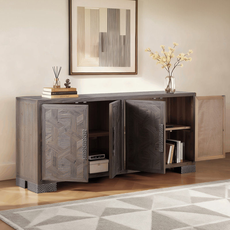  Buffet rétro en bois massif 74 po avec poignées en fer martelé