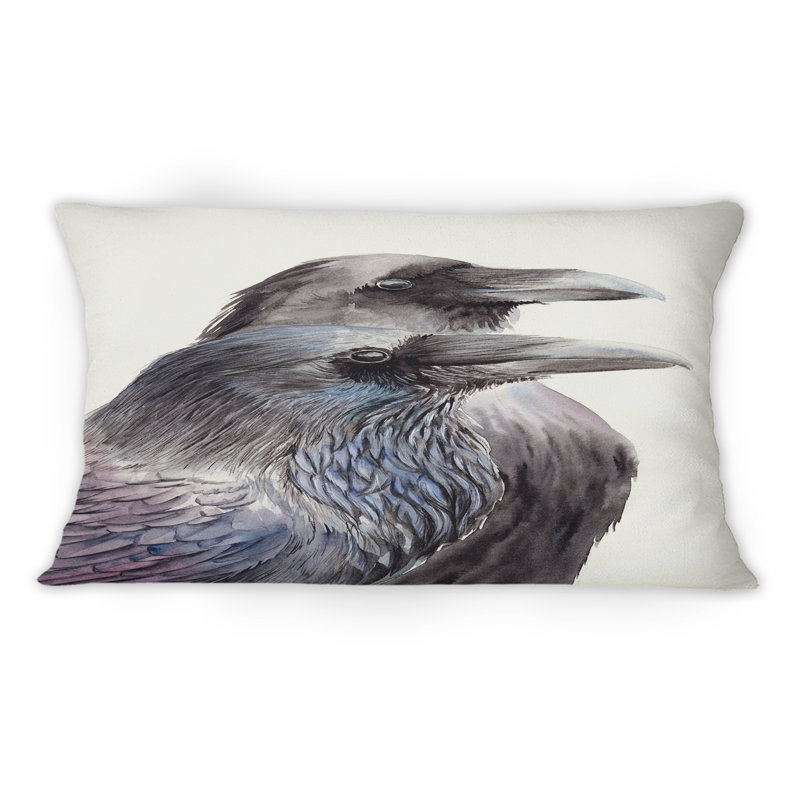 Deux corbeaux noirs avec des plumes noires et bleues - 1 coussin décoratif traditionnel