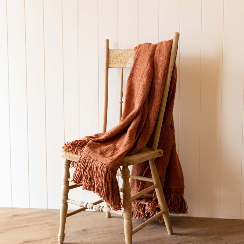 Handwoven Rust Cotton Fringe Throw Blanket
