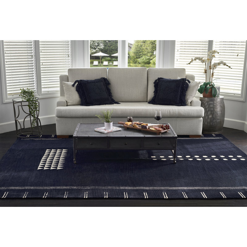 Tapis bleu marine / sable en laine touffeté à la main à motif géométrique, Rectangle 5 pi x 8 pi