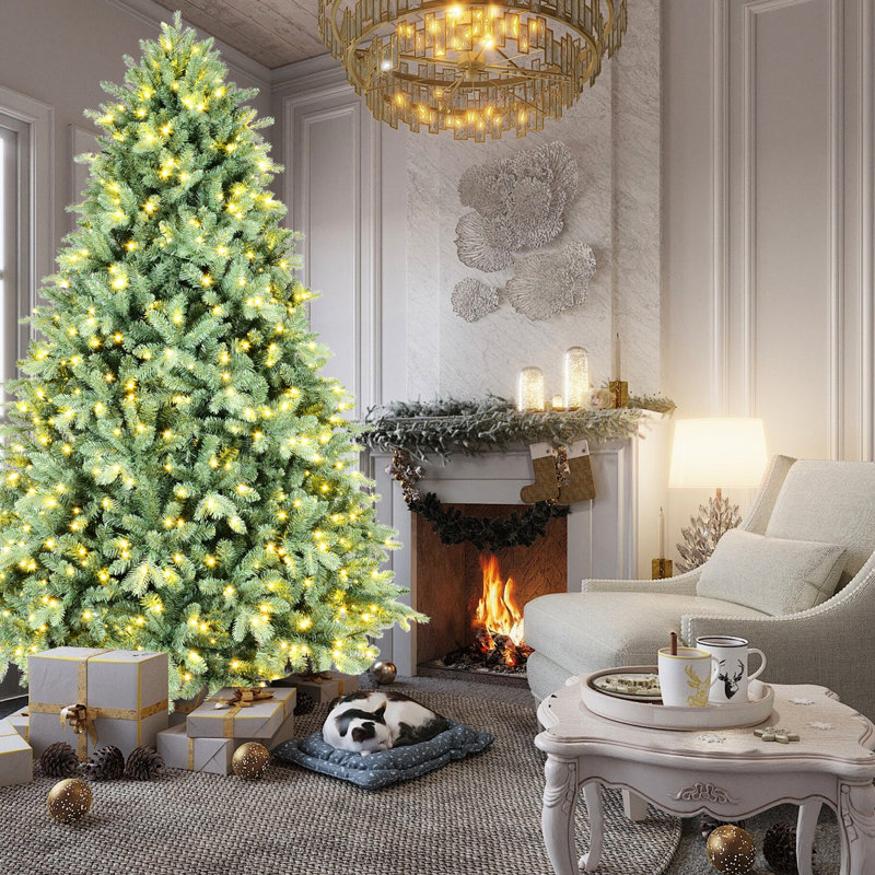 Arbre de Noël 48 pouces à teinte bleue, 150 blanc chaud, 592 pointes, installation facile, arbre en métal stable de 4 pi avec lumières à DEL, structure à charnières Pe +, base solide pour les fêtes