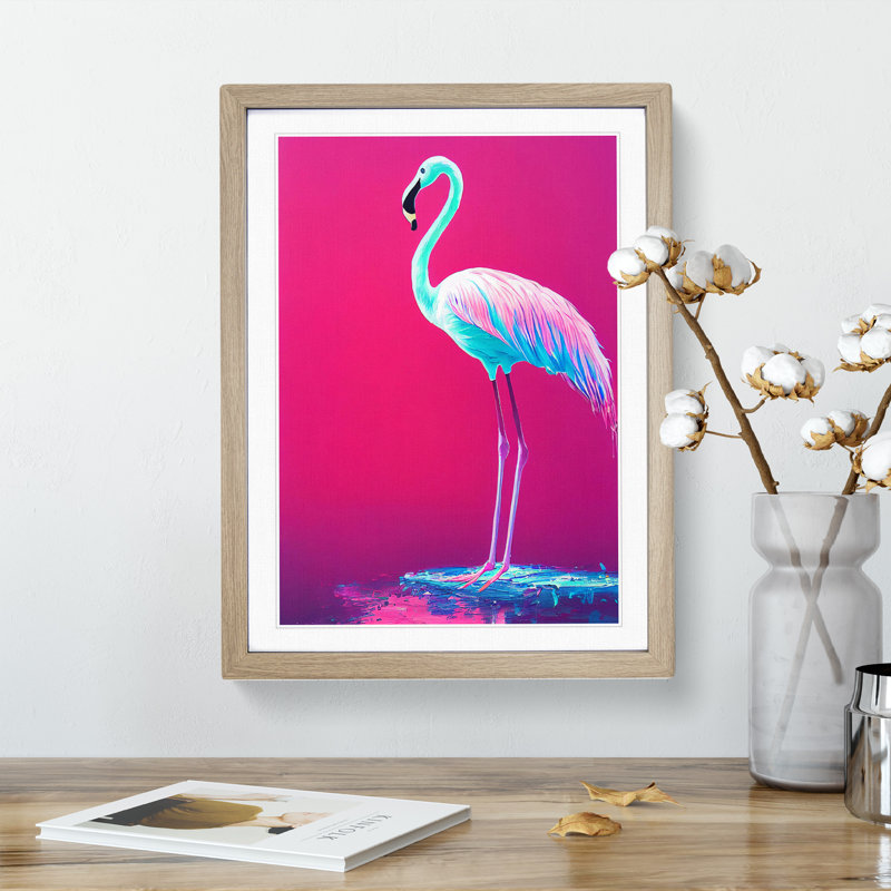 Neon Flamingo - Wall Art, 46cm H x 34cm W x 2cm D, Oak