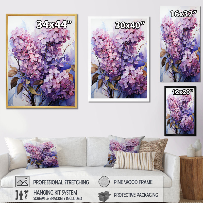 Lilacs Flow Grace I sur toile, Cadre flottant blanc, H 32 po x l 24 po x P 1 po