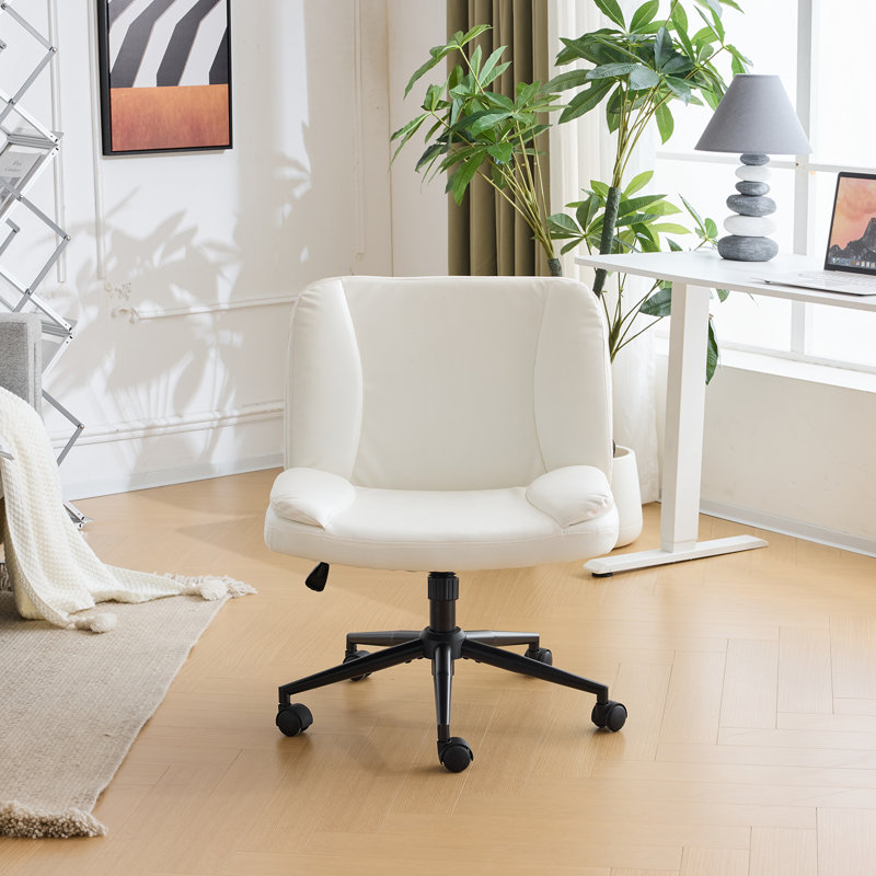 25.2''W  Waxed Leather Task Office Chair with Wheels and Pegs, White