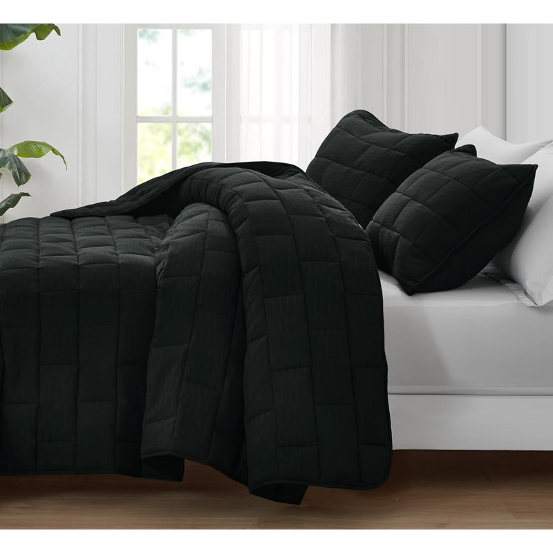 George 3-Piece Modern Textured Woven Jacquard Quilt Set, Black, Queen Quilt + 2 Standard Shams