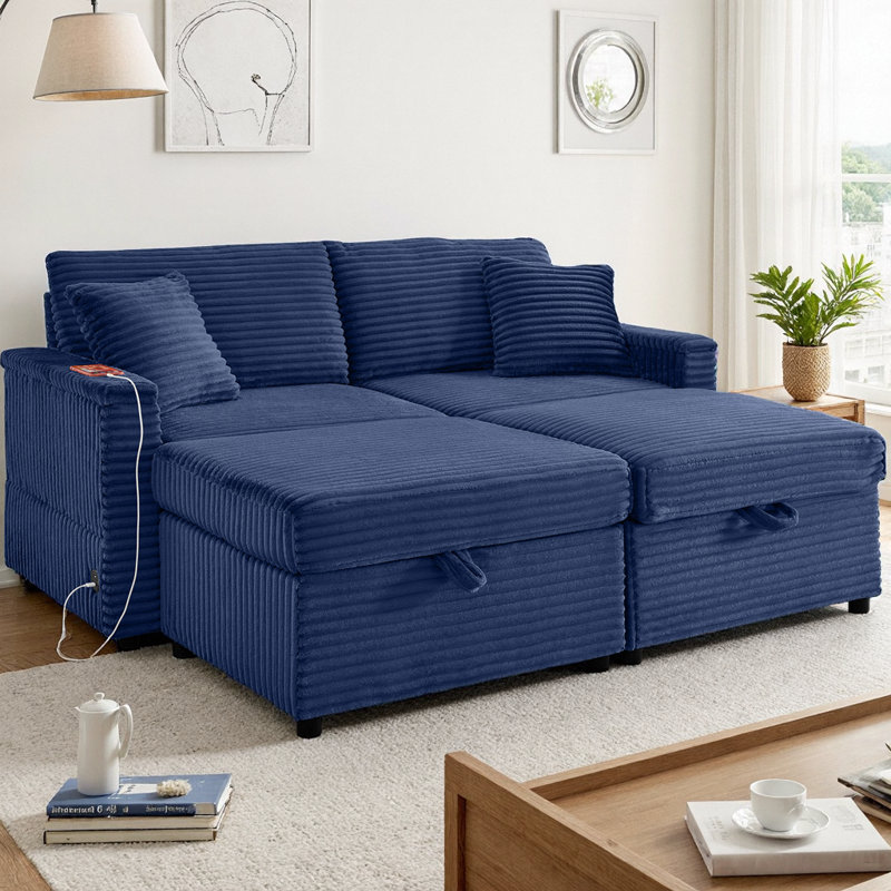 Comfortable Fluffy Corduroy Lazy Big Loveseat Couch, Super Soft Chaise Lounge 2-Seater Sofa with Double Storage Ottomans, Table Board & USB Port for Living Room