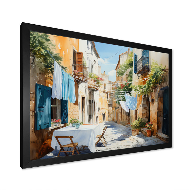 Jour de lessive en Italie I - Art mural, H 30 po x l 40 po x P 1,5 po, Cadre simple noir