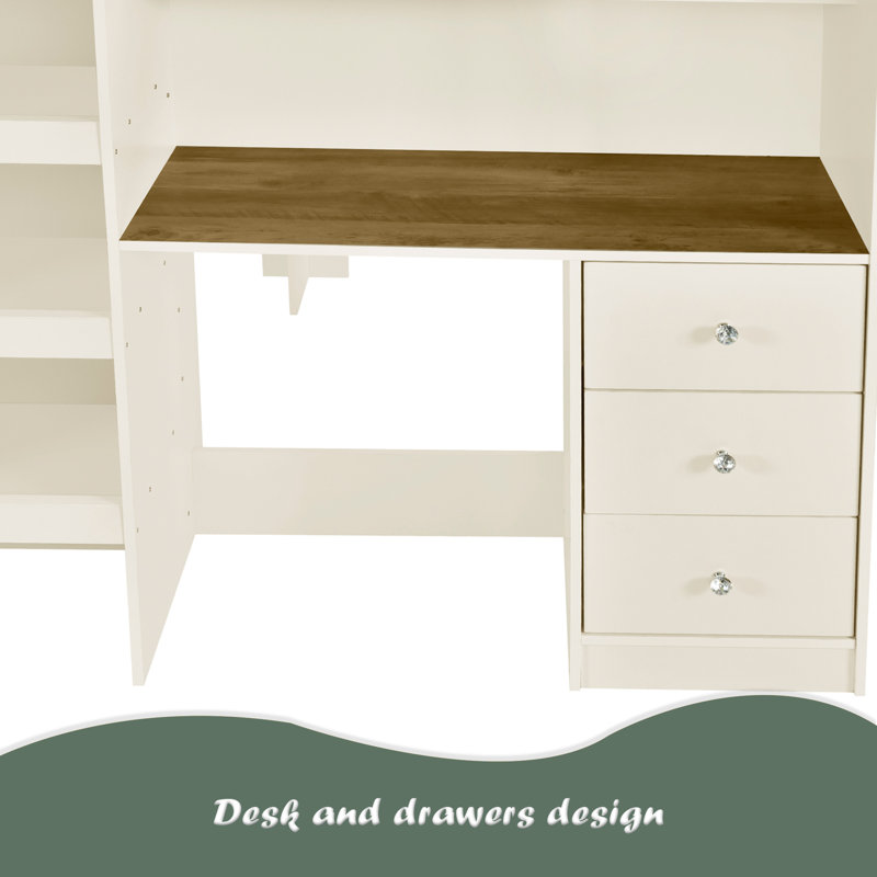 Lit mezzanine double en bois avec garde-robe intégrée, bureau, tablettes de rangement et tiroirs