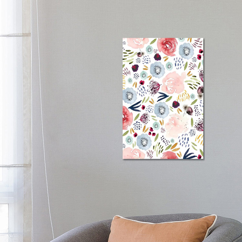 Floral Pink Red Blue by Leah Straatsma - Wrapped Canvas Painting, 20.32 cm H x 30.48 cm W