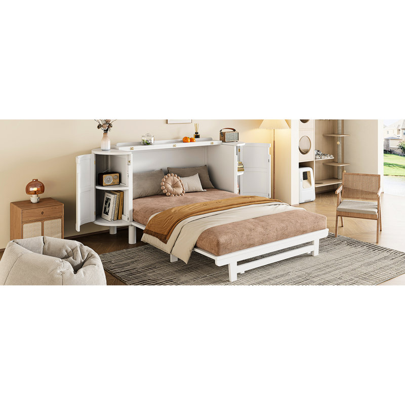 Grand lit blanc avec armoires latérales et beauté fonctionnelle - Maximisez votre rangement et votre esthétique pliable dans un espace de transformation efficace