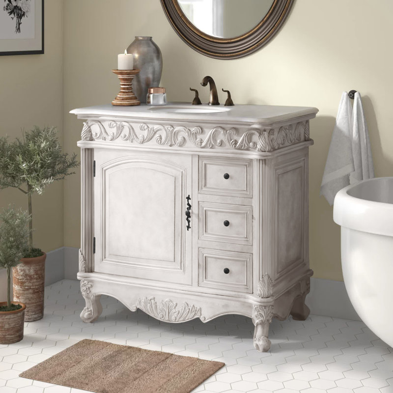 Ensemble de meuble-lavabo simple 36 po Aurillac, Blanc antique, Marbre de couleur crème