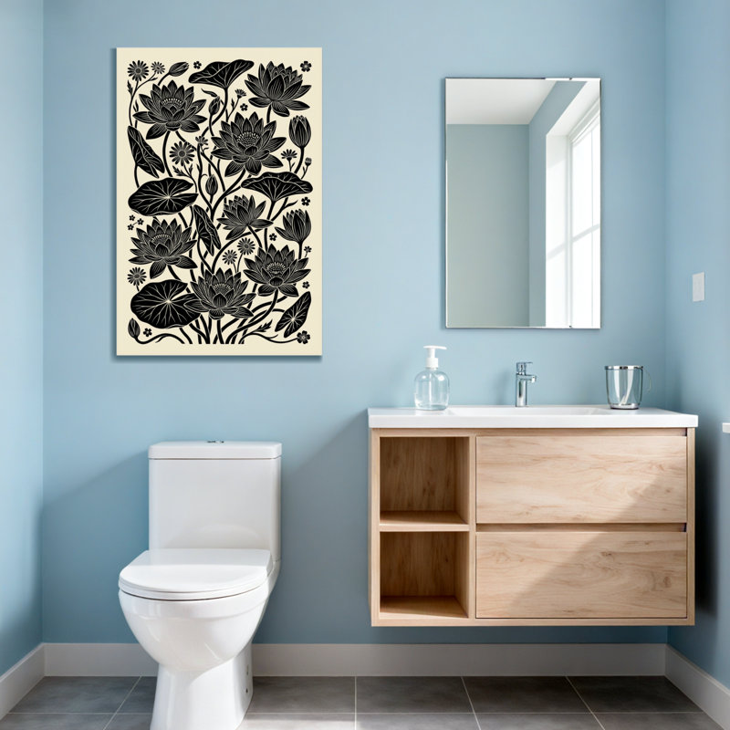 Plantes et fleurs - Motif floral de lotus noir et blanc, H 48 po x l 32 po