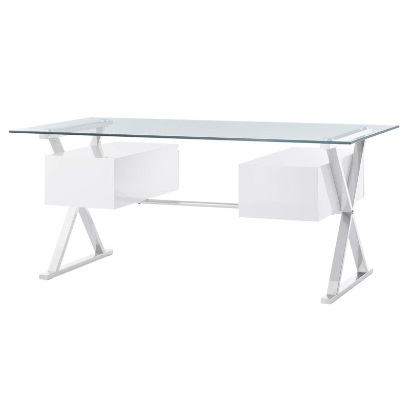 Elegant 71" White Glass Desk with Floating Drawers & Steel Frame