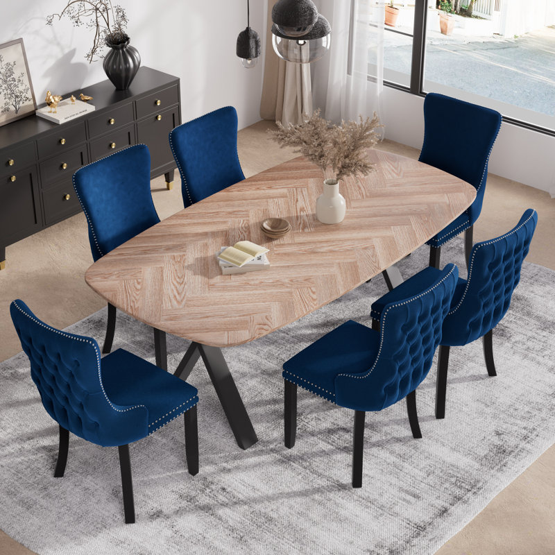 Ensemble de salle à manger rectangulaire avec chaise en velours, Bleu / Noir