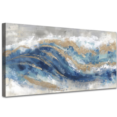 Large Abstract Canvas Wall Art - Ocean Wave Canvas Pictures Wall Decor for Living Room, Coastal Abstract Art Wall Print Painting for Bedroom, Wrapped Canvas Gallery Wood Frame, 24×48 inches