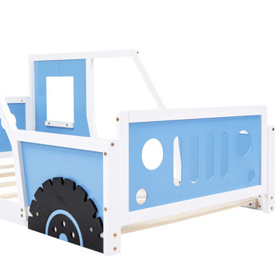 Twin Size Car-Shaped Bed With Wheels, Blue - Pine Wood And For A Cozy Bedroom Feeling Platform In Car Design Assembly Flickering