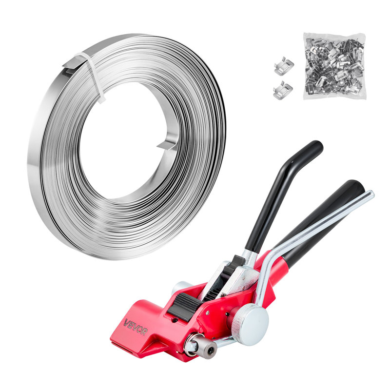 Steel Banding Strapping Kit, Heavy Duty Banding Sealer Tool with 30.5 m Binding Straps, 100 Metal Clasps, Manual Pallet Packaging Strapping Kit for Warehouse, Transportation, Industrial Bundling
