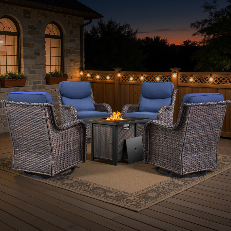 Ensemble de sièges d'extérieur en osier pour 4 personnes avec fauteuils coulissants pivotants, Bleu, Brun