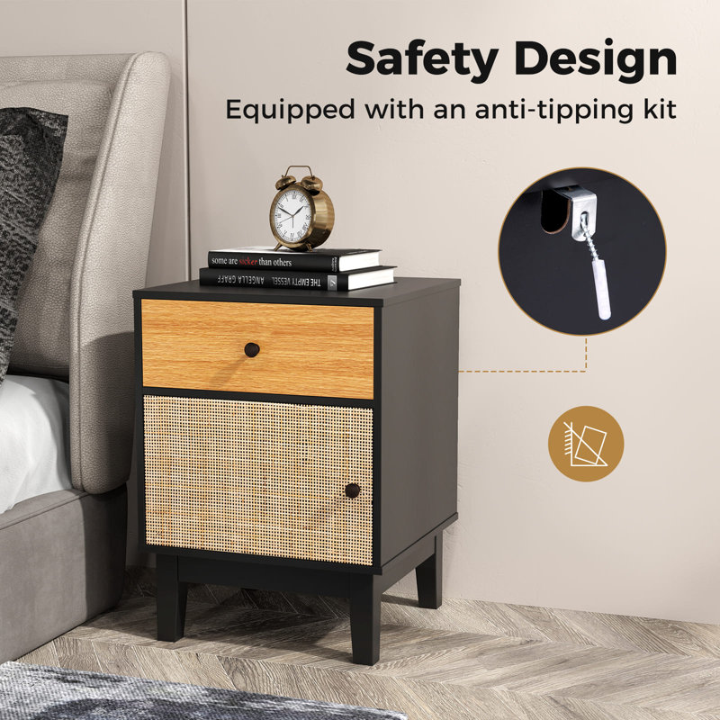 Rattan Nightstand Mid Century Modern Bedside Table W/Drawer, Black