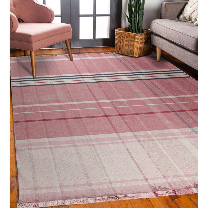 Durable and Stylish Hand-Knotted Plaid Flat Weave Striped Wool Rectangular Pink Area Rugs, Rectangle 7'9" x 9'9"