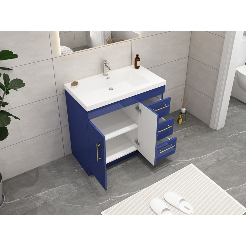 Carliss 36'' Single Bathroom Vanity with Acrylic Top, Glossy Night Blue, Sliver