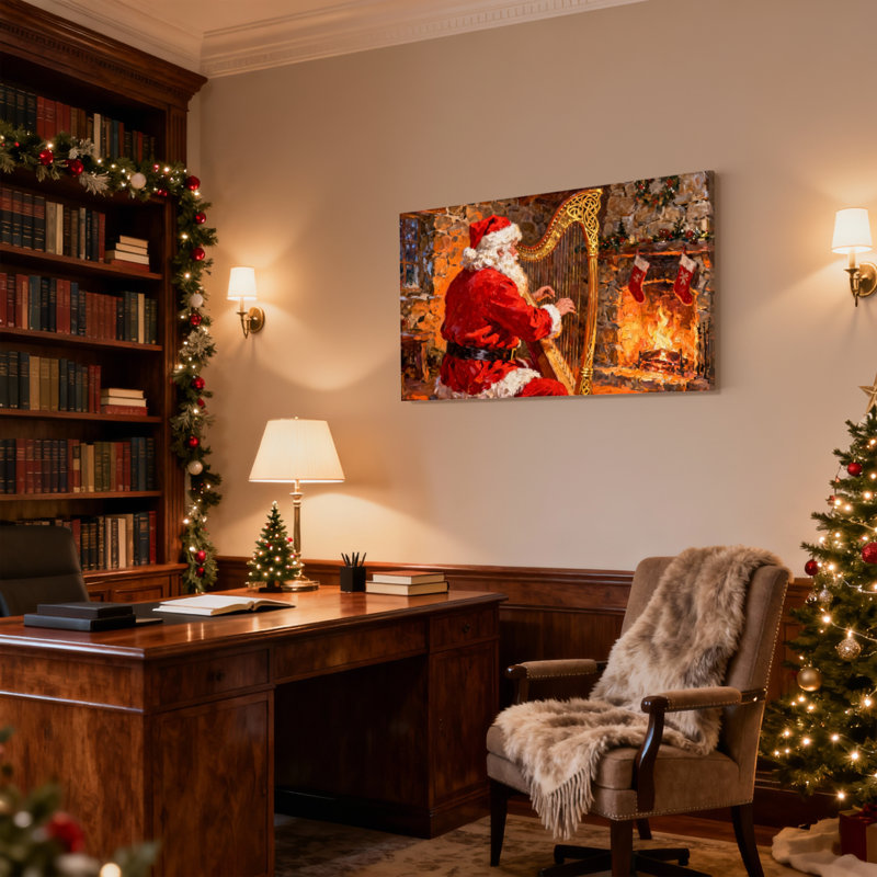 Ensemble de 3 reproductions d'art sur toile, "Christmas Santa jouant de la harpe par le foyer", H 16 po x l 24 po