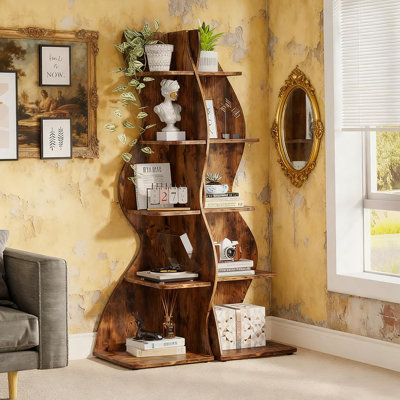 5-Tier Wall Corner Bookshelf With Heavy-Duty Storage For Books And Decor, Space-Saving Design For Modern Rooms.