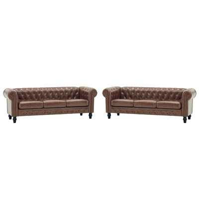 Ensemble de canapés Chesterfield 2 pièces FX-P80PB-PUBR-2PC, mobilier de salon classique en cuir PU capitonné, canapé 3 places avec accoudoirs arrondis, détails de boutons, pieds en bois massif, ensemble de canapés marron pour bureau à domicile A