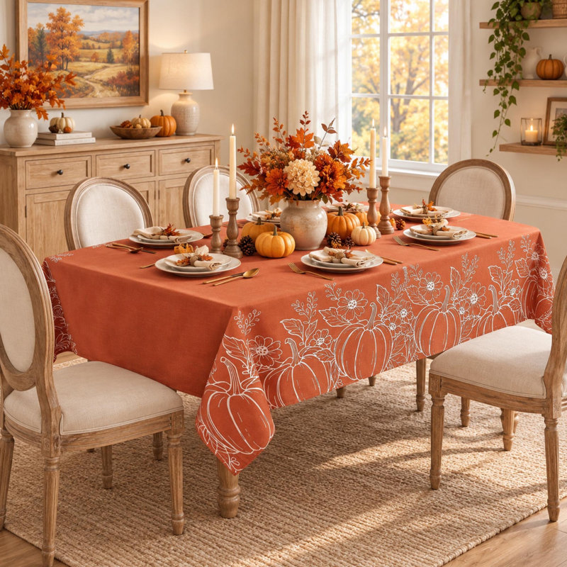 Nappe en faux lin d'automne 60 po x 104 po avec motif citrouille et feuille d'érable