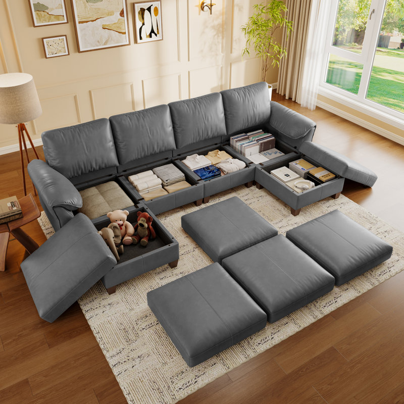 Canapé modulaire en forme de U avec rangement de 123 po et 6 places, gris, Gris