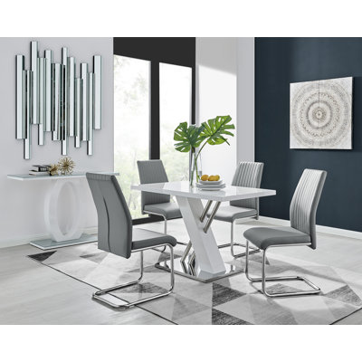 Caba Modern High Gloss and Chrome 4 Seat Dining Table Set with Luxury Faux Leather Dining Chairs