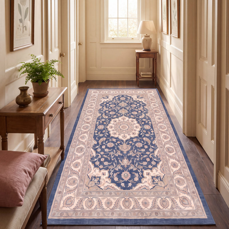 Tapis persan traditionnel audacieux en grès, couleur marine, ivoire, or, vert et rose, lavable à la machine, antidérapant, à poils courts, adapté à l'intérieur et à l'extérieur, idéal pour le salon, la chambre, la salle à manger, l'entrée, le couloir ou le bureau.