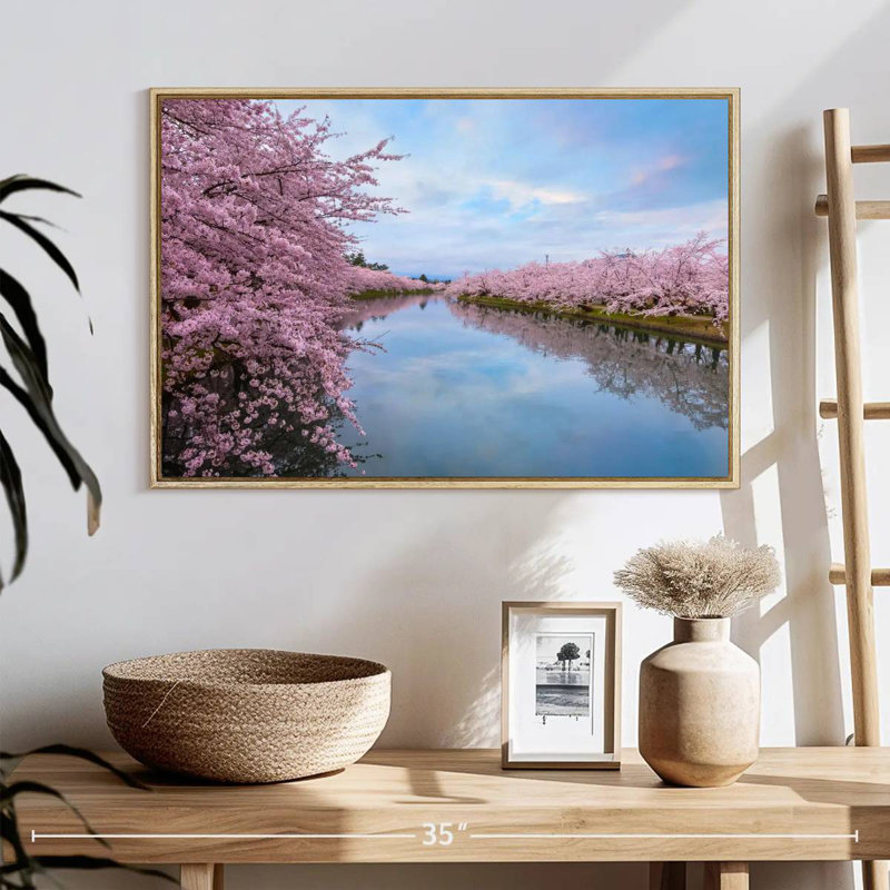 Fleur de cerisier en pleine floraison, 25 po x 17 po, Cadre flottant en bois naturel