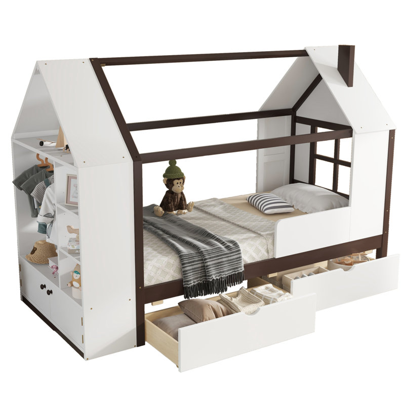 Lit plateforme simple avec tiroirs, lit maison en bois massif avec tablettes, conception enfantine, Blanc antique / Espresso
