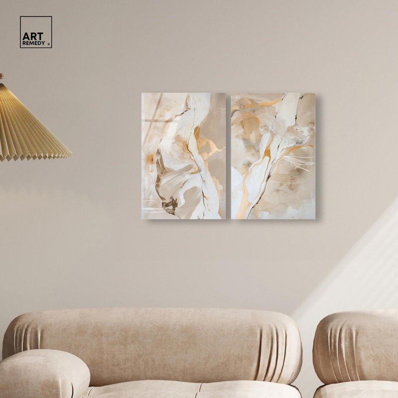 Ensemble de 2 panneaux luxueux à motif abstrait en or doré , H 15 po x l 20 po