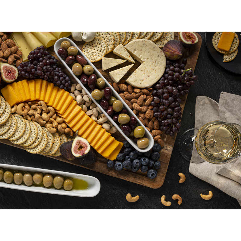White Ceramic Olive and Cheese Boat Tray Set, 12 Inch