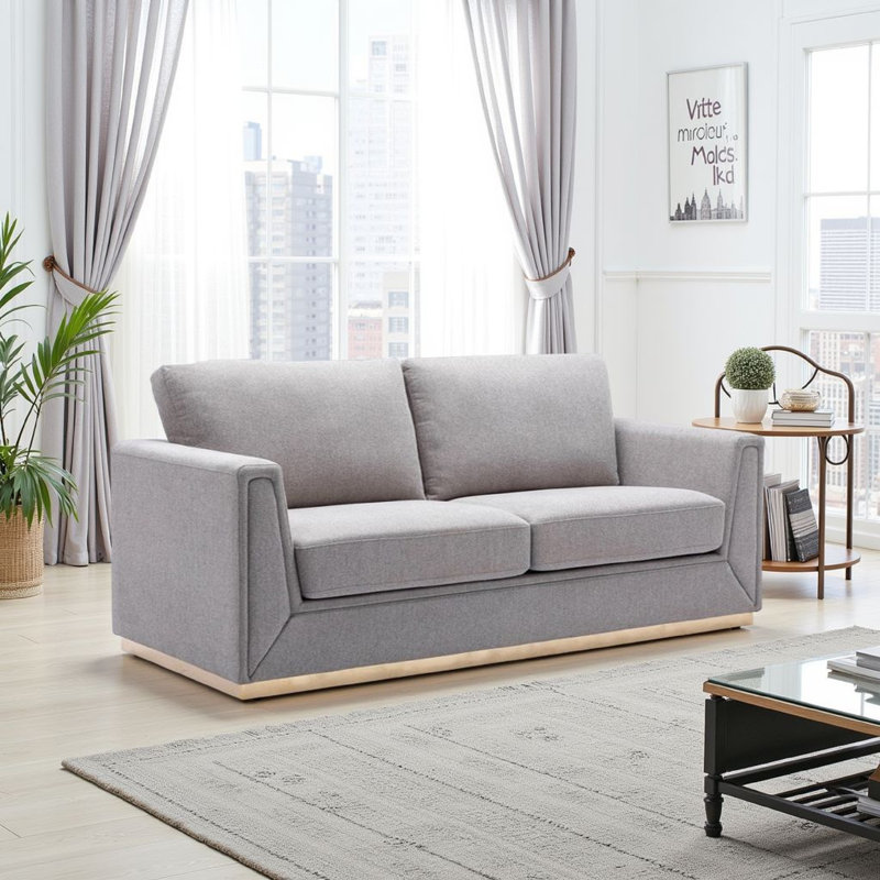 Canapé Sylvie, lin gris, métal doré, coussins carrés modernes de 77 po