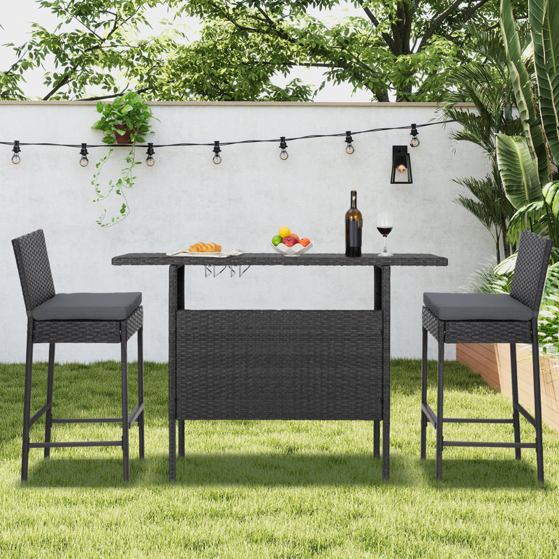 Wicker Outdoor 30" Bar Stool with Cushion (Set of 2）, Dark Gray, Black