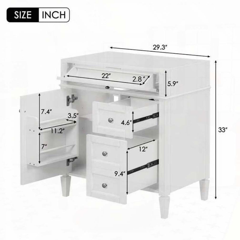 Meuble-lavabo de salle de bain 30 po sans lavabo supérieur, armoire de rangement moderne avec 2 tiroirs et un tiroir basculant