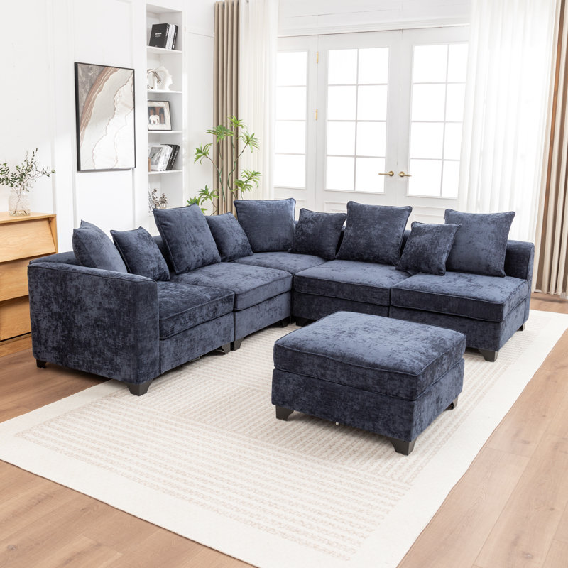 Canapé modulaire en L 6 pièces Bennett, Chenille bleu