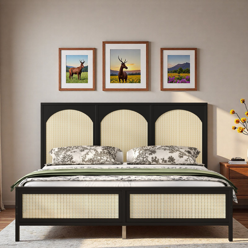 Wood Platform Bed With Rattan Headboard, King, Black