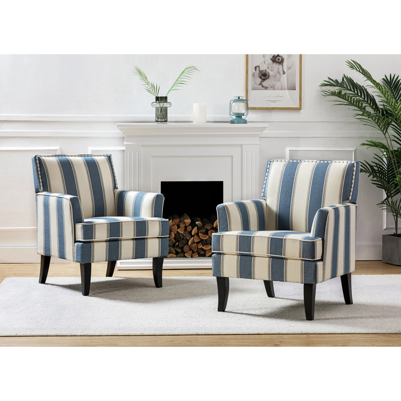 Fauteuil rembourré de 27,15 po de largeur avec garniture cloutée Iliana, Mélange de polyester bleu / beige à rayures