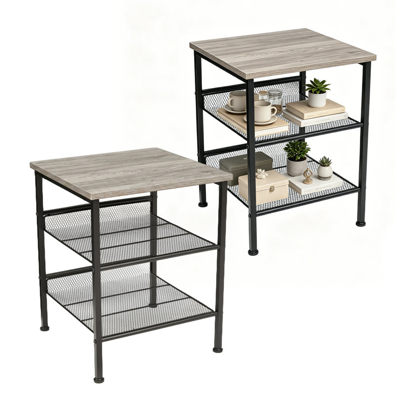 Ensemble de 2 tables de bout carrées industrielles, table de chevet grise à 3 niveaux avec tablettes de rangement en maille respirante et structure en métal robuste, meubles de chevet compacts pour le rangement de la chambre à coucher, du salon et des petits espaces
