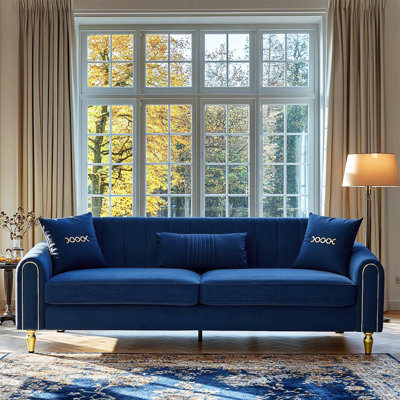 Luxury Velvet 3 - Seat Sofa With Gold Accents, Navy Blue Mid - Century Modern Couch For Living Room