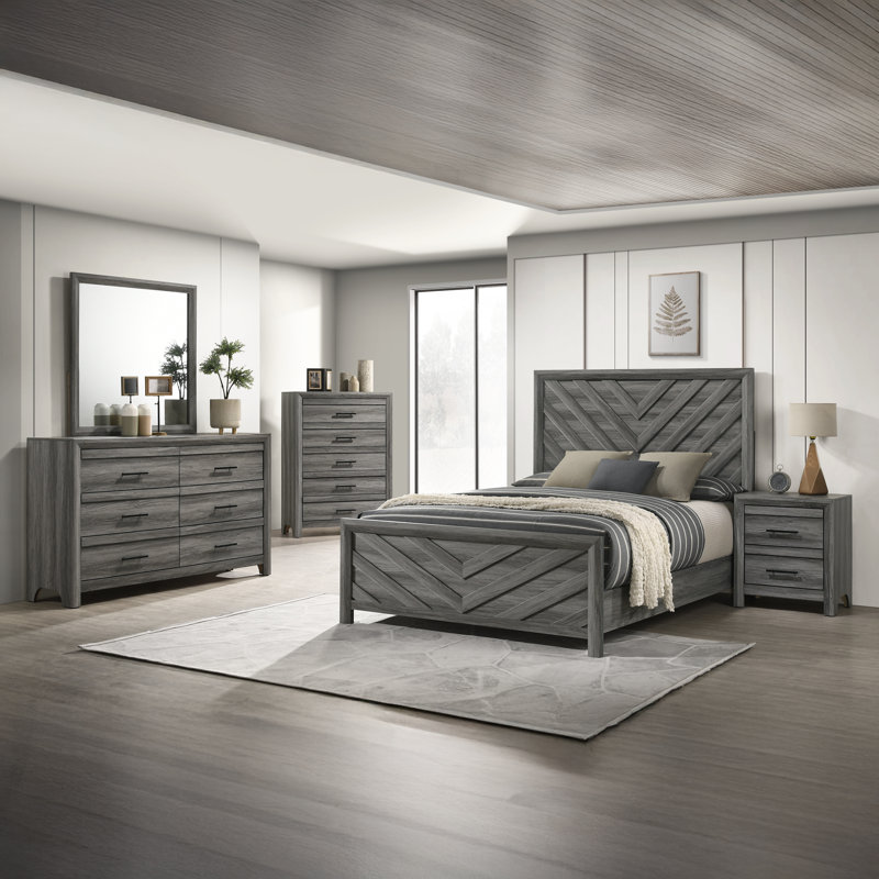 Zarrah 5 Piece Bedroom Set, King, Gray, 5 Pcs: Bed, Nightstand, 2 Dressers, Mirror