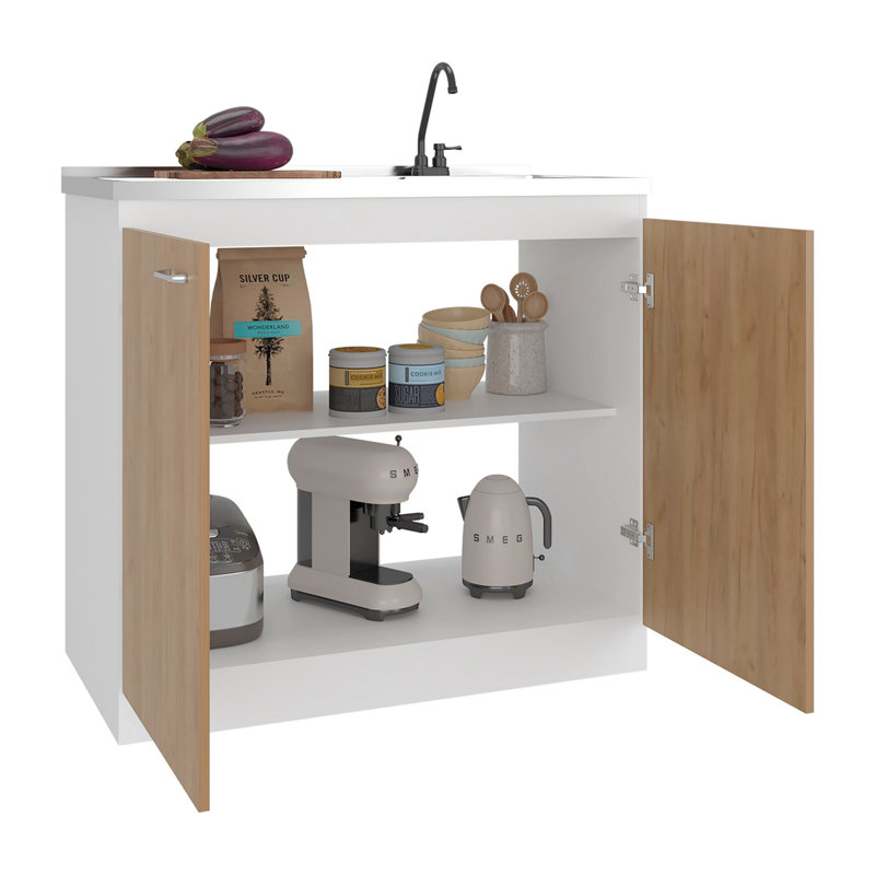 Armoire de rangement en chêne blanc et naturel avec 2 portes et 3 tablettes