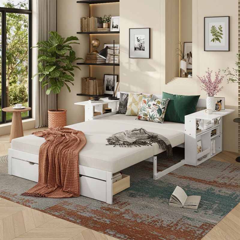  Full Size Wood Daybed with Removable Desk and Hydraulic Side Tables - 76" Wide Storage Frame with Drawers - White, White