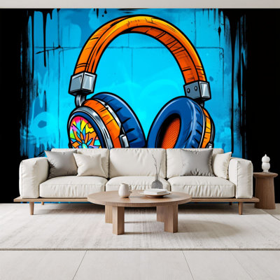 Graffiti Musical Peel and Stick Wallpaper Colorful Graffiti Style Headphones Vibrant Blue Wall Murals 69"H x 96"W Removable PVC Wall Paper Self-Adhesive Wall Decor for Music Studio Bedroom Classroom Home