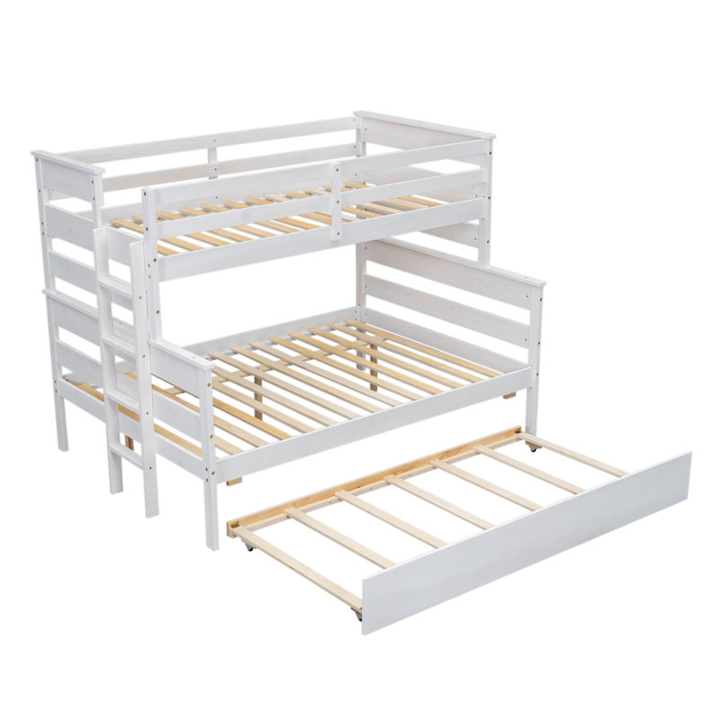 Twin Over Full Bunk Bed With Trundle & Guardrails, White